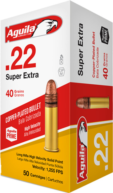 Explore the Aguila Super Extra HV .22 Long Rifle Ammunition, 2000 Rounds. Features 40-grain copper-plated solid points with a velocity of 1255 fps, ideal for precision shooting. Purchase now for reliability and performance.