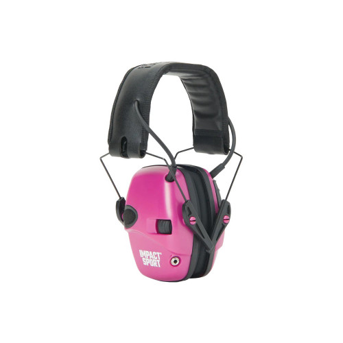 Discover the Howard Leight Impact Sport Youth Folding Electronic Earmuff in Pink - designed for young shooters with comfort and protection in mind. Enjoy enhanced hearing and style with these compact earmuffs.
