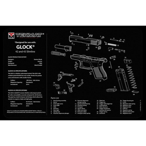 Enhance your Glock 42/43 armorer's toolkit with the TekMat Armorer's Bench Mat. This 11"x17" mat provides protection, reference, and a non-slip surface for hassle-free maintenance.