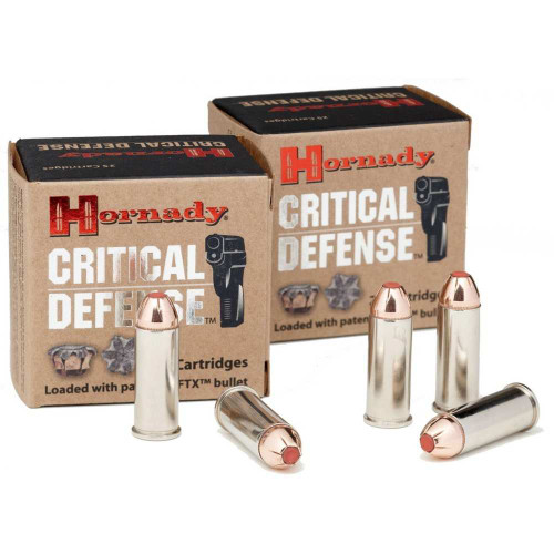 Purchase Hornady Critical Defense .40 S&W Ammo FTX HP 165 Grains for superior personal defense. Featuring FTX bullet technology, optimized loads, and low recoil for reliable and effective performance.