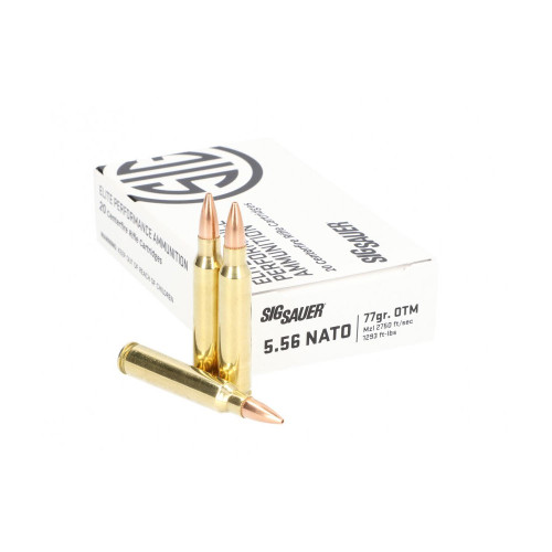 Enhance your shooting accuracy with SIG SAUER MARKSMAN 5.56 77 GR Ammo OTM. This 20-round box of 5.56mm NATO ammunition offers exceptional precision and reliability for both competitive shooting and hunting.