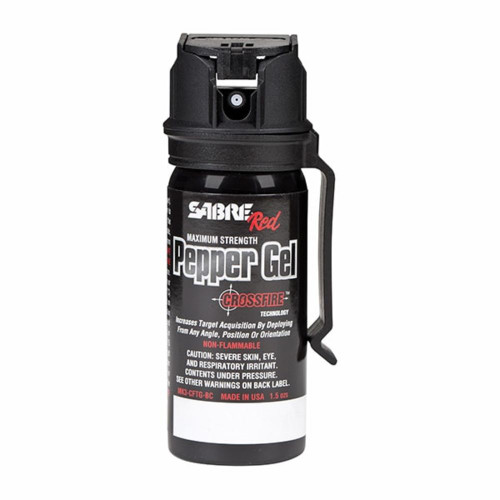 The Sabre Red Crossfire Pepper Gel (1.8 oz) with belt clip offers police-strength protection with a range of up to 18 feet. Featuring 18 bursts per canister and UV marking dye, this gel is deployable from any angle and designed for convenient carry.