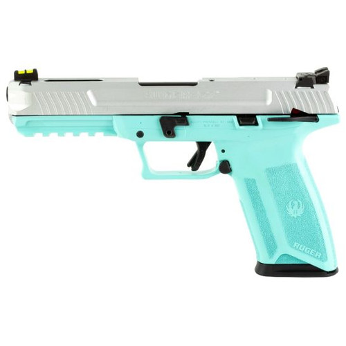 Discover the Ruger 57 pistol chambered in 5.7x28mm with a distinctive turquoise grip. Features a 20-round magazine and stainless steel construction for durability and performance.
