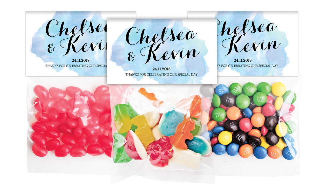 A Splash Of Watercolour Blue Wedding Personalised Lolly Bag With Topper