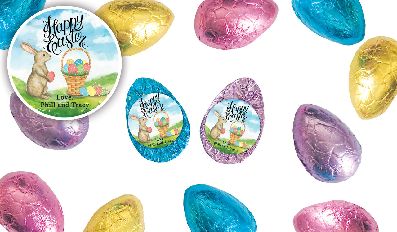 Bunny And Basket Personalised Chocolate Half Easter Eggs