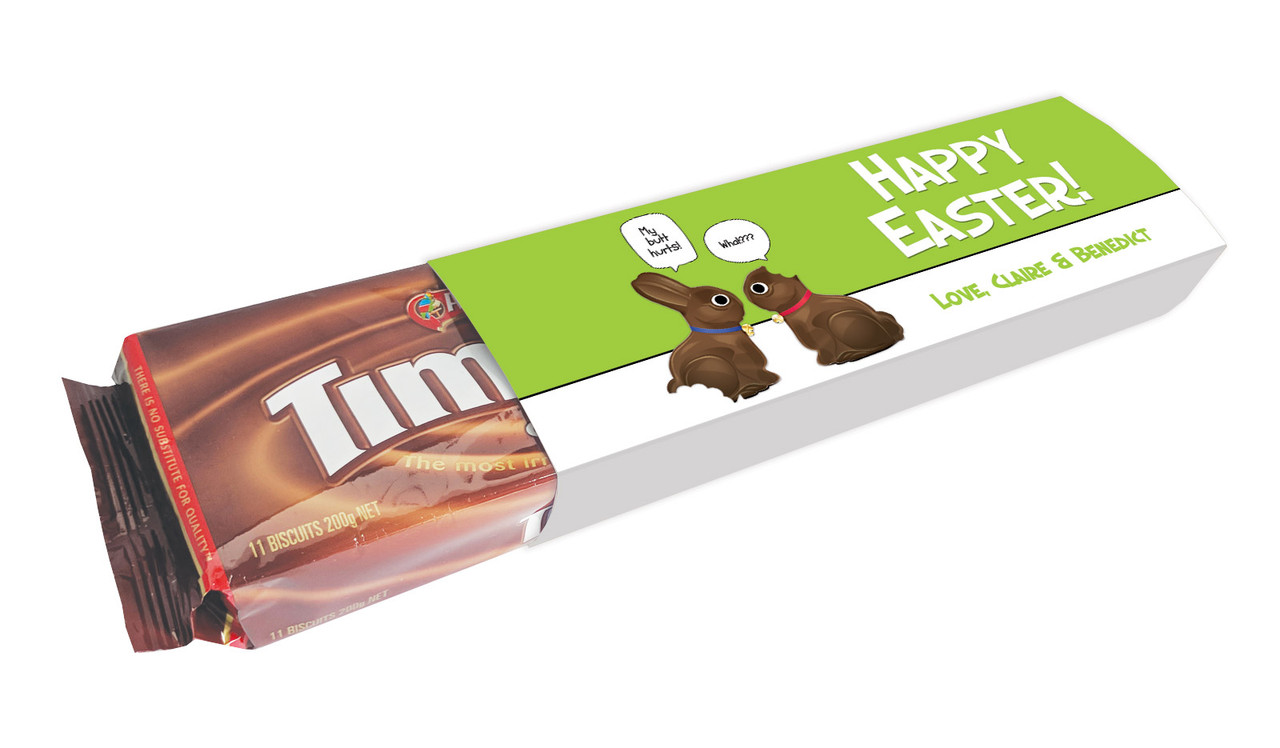 Perspective view of Chocolate Bunnies Personalised Packet Of TimTams TM