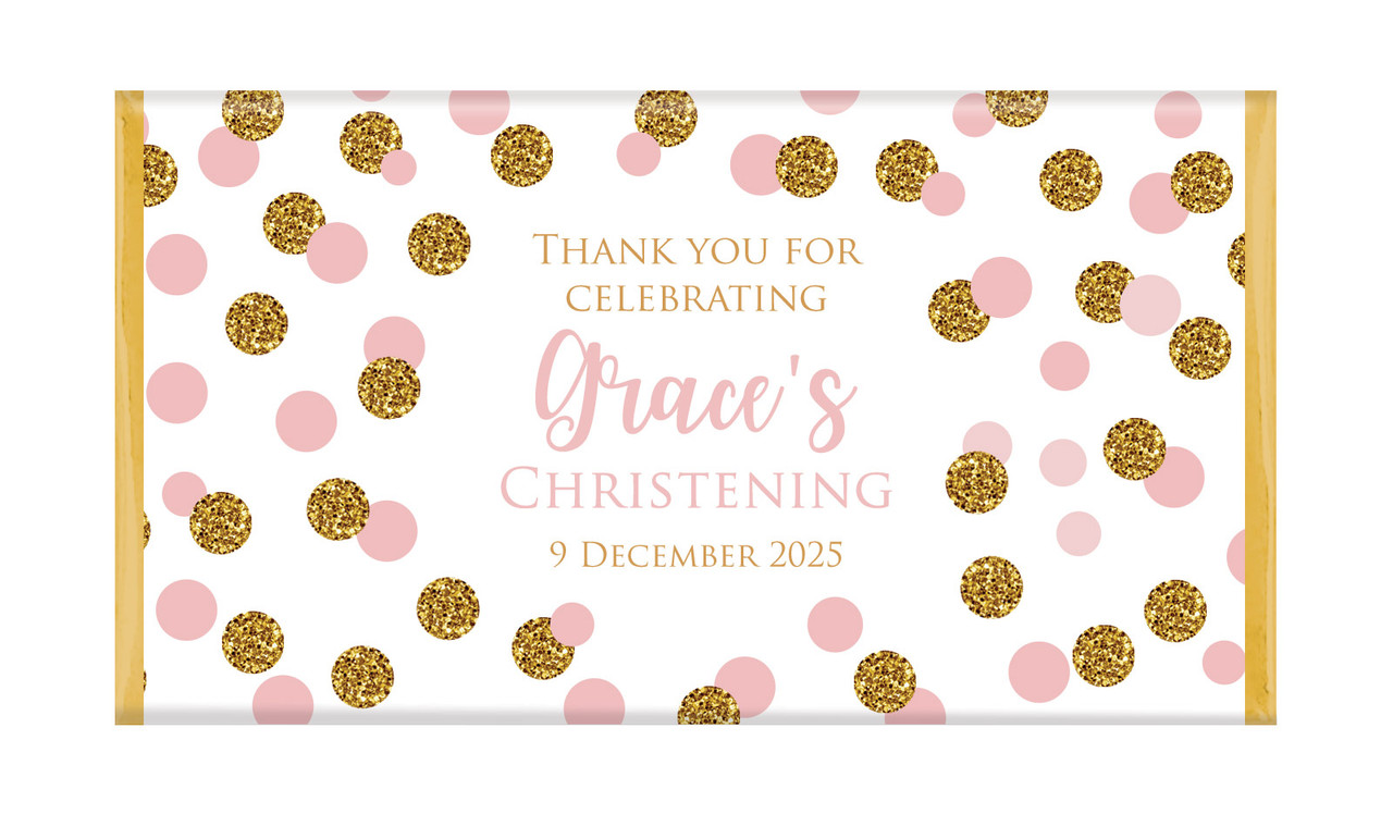 Confetti In Pink And Gold Christening Chocolate Bar