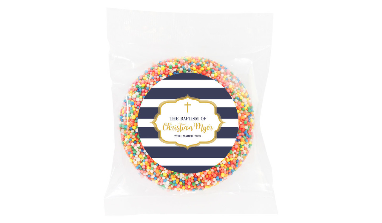 Bold Stripe And Gold Personalised Christening Chocolate Freckle