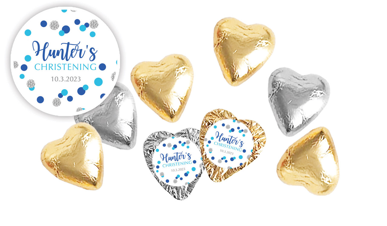 Confetti In Blue And Silver Personalised Christening Chocolate Hearts