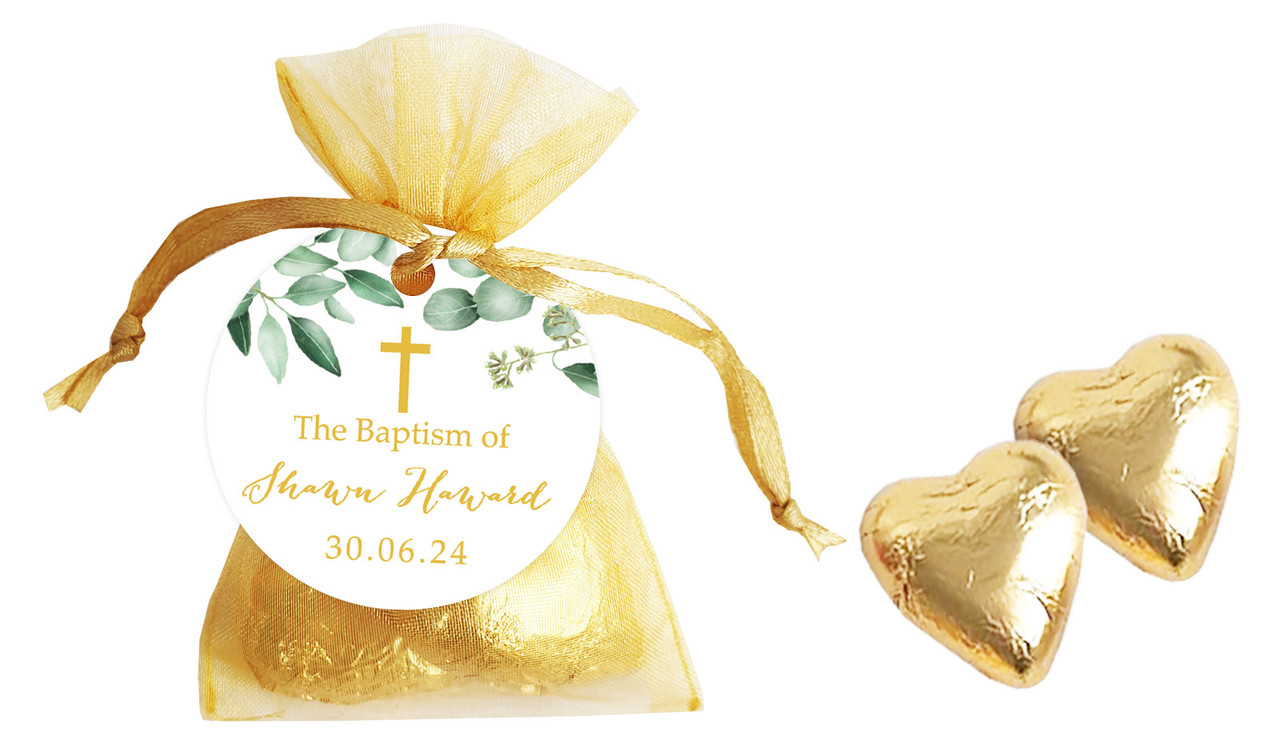 Gum Leaves And Gold Custom Christening Organza Bag With Hearts