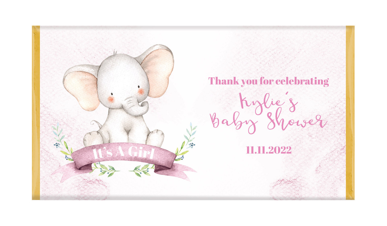Sitting Elephants Pink Baby Shower Personalised Chocolate Bar