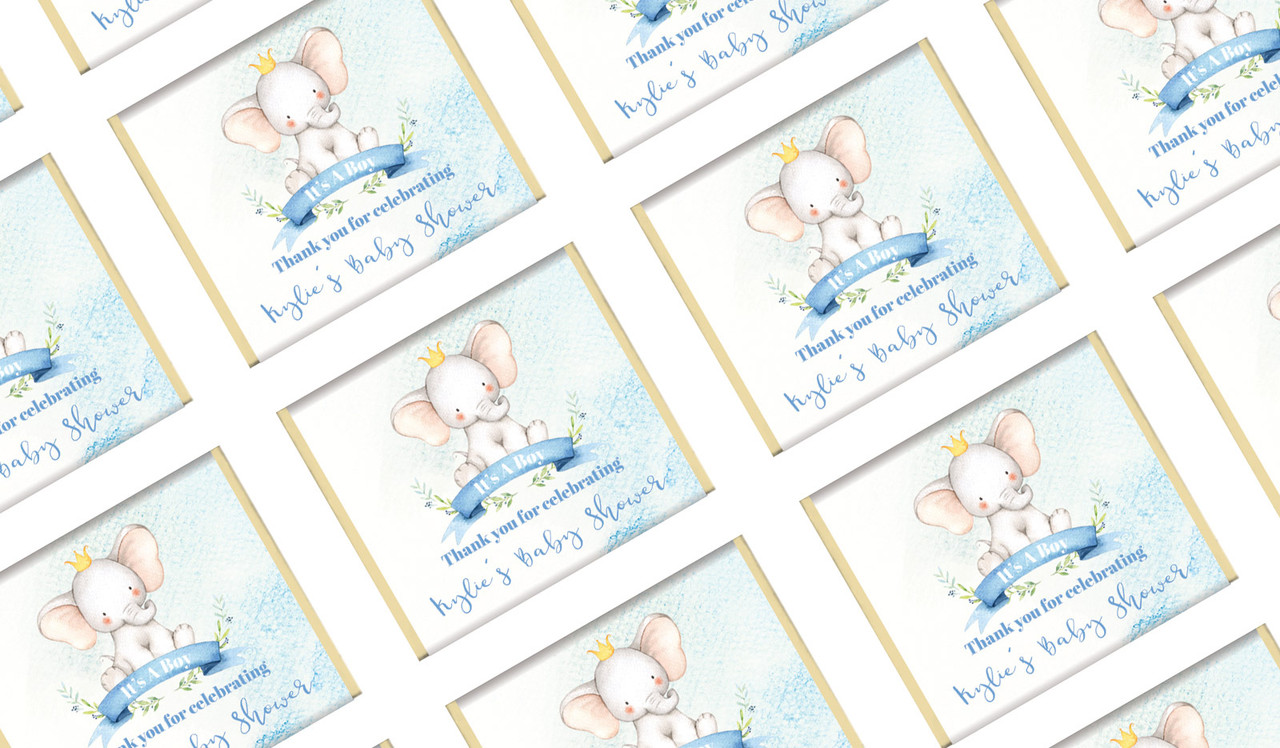 Sitting Elephant Blue Custom Baby Shower Mini Chocolates
