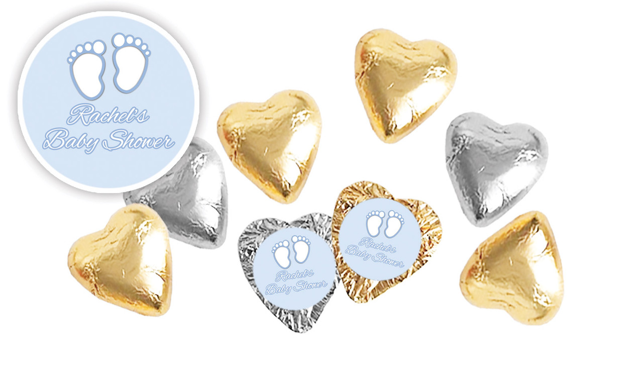 Baby Feet In Blue Baby Shower Personalised Foil Chocolate Hearts