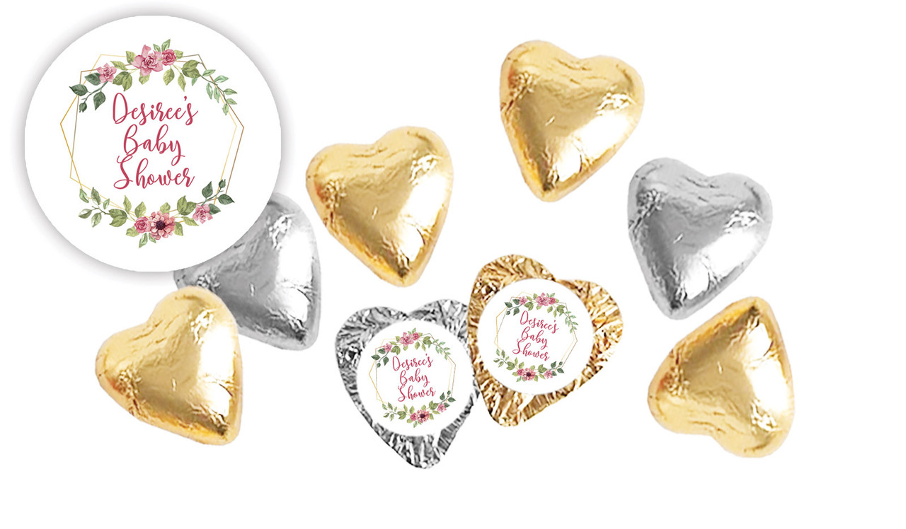 Floral Hexagons Baby Shower Personalised Foil Chocolate Hearts
