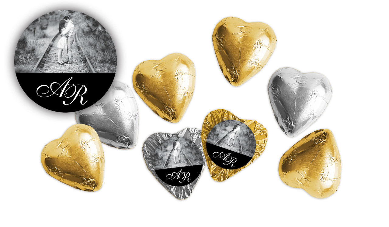 Add A Photo On Black Custom Wedding Foil Chocolate Hearts