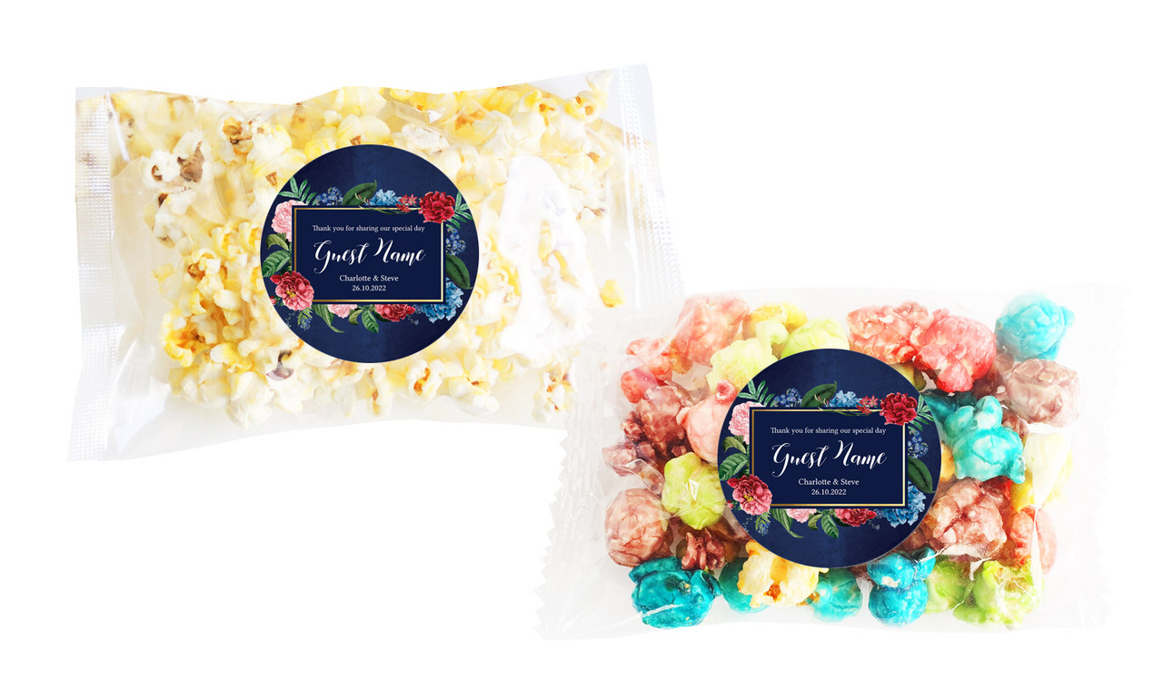 Floral Frame On Navy Square Popcorn Bag With Personalisation