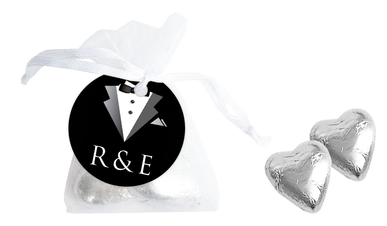 Bride And Groom Suit Organza Bag With Hearts And Tag