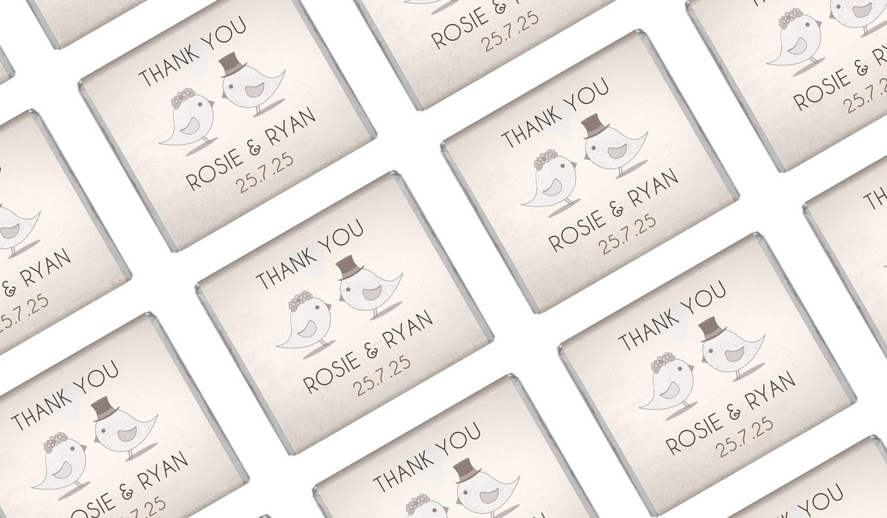 Sepia Love Birds Wedding Personalised Mini Chocolates