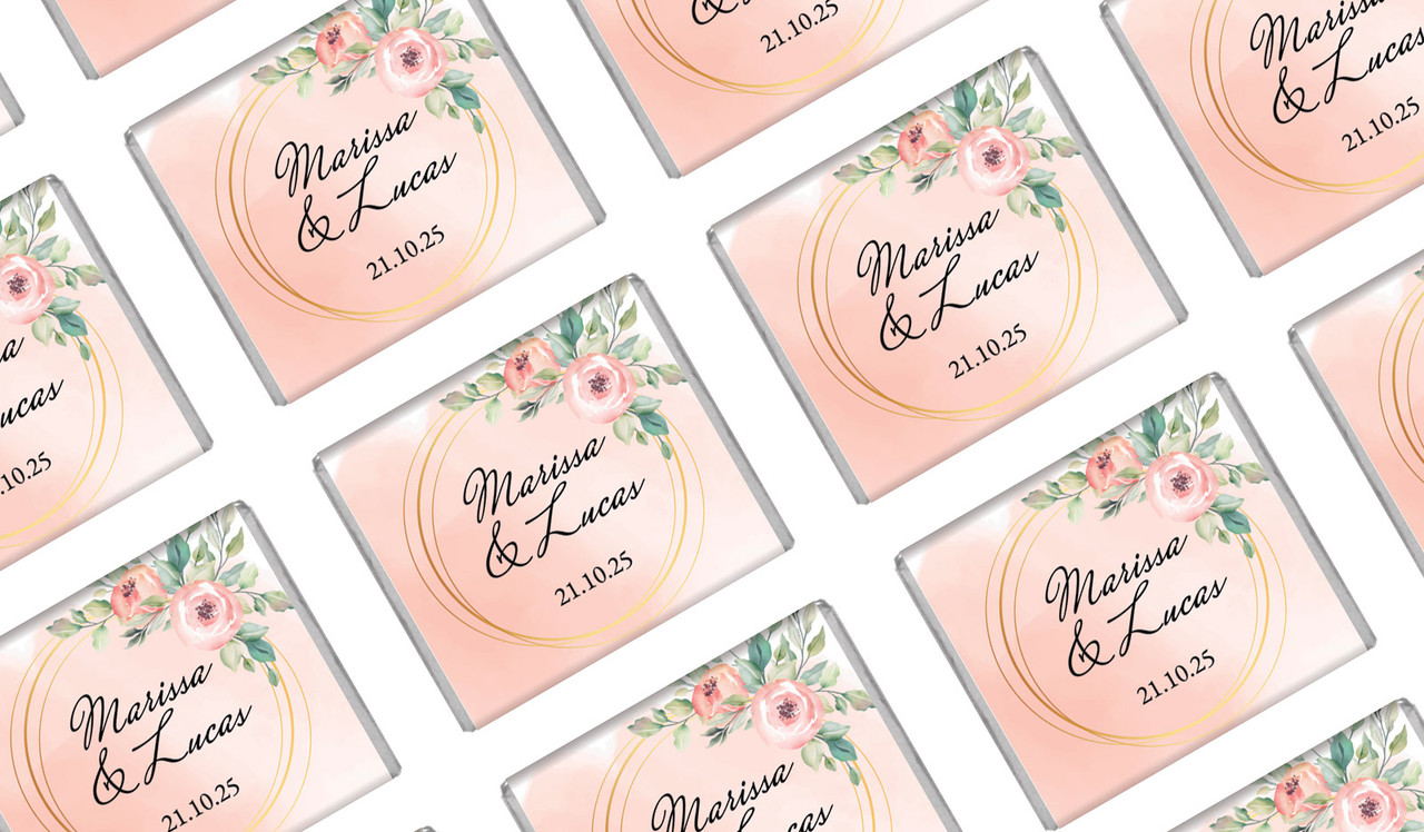 Gold Rings On Peach Wedding Personalised Mini Chocolates
