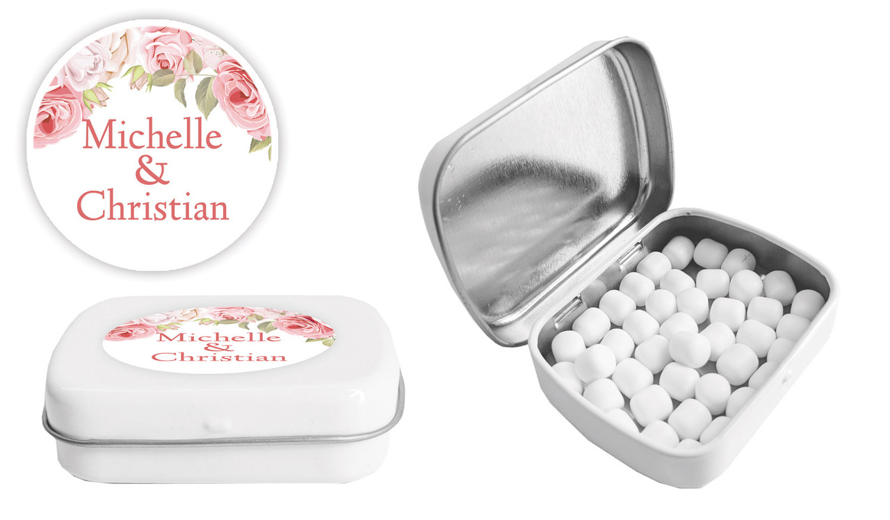 Classic Rose Border Wedding Personalised Mint Tin