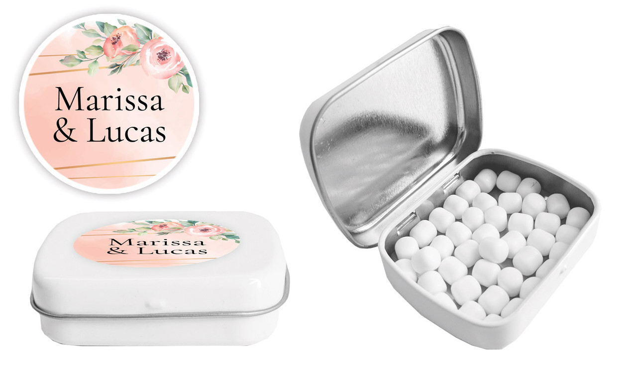 Gold Rings On Peach Wedding Personalised Mint Tin