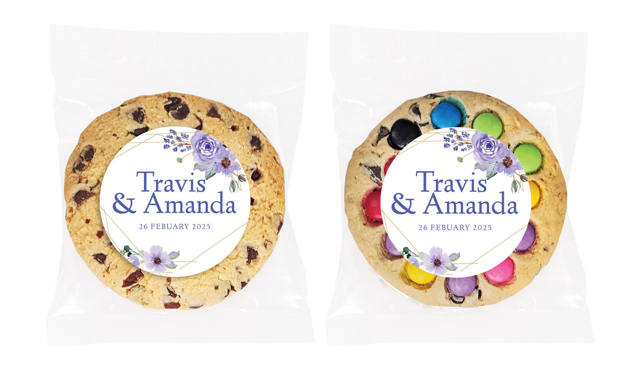 Violets On Gold Frame Personalised Wedding Cookie