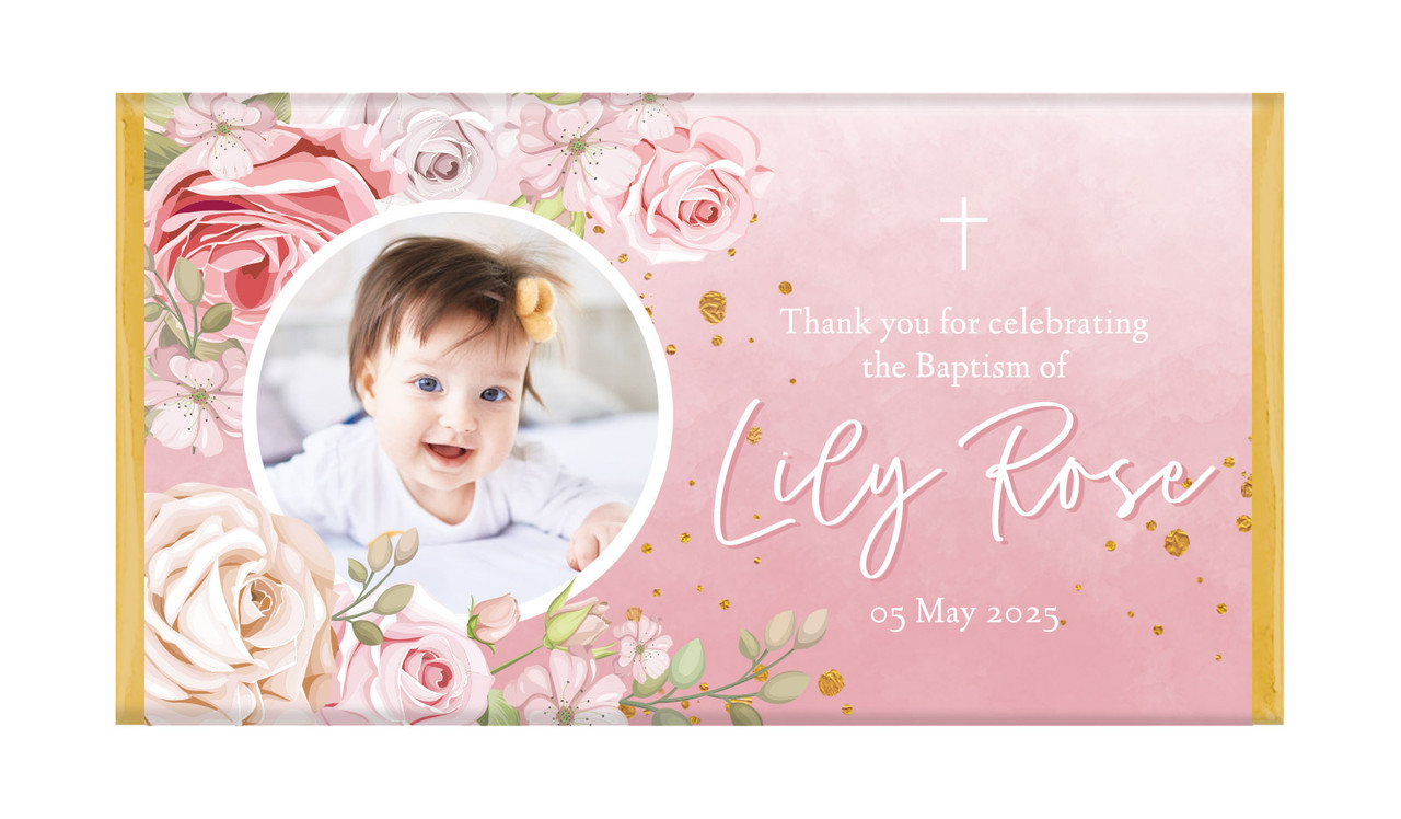 Pink Roses Photo Personalised Baptism Chocolate Bar