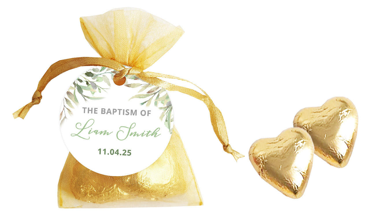 Golden Greenery Personalised Christening Organza Bag With Hearts