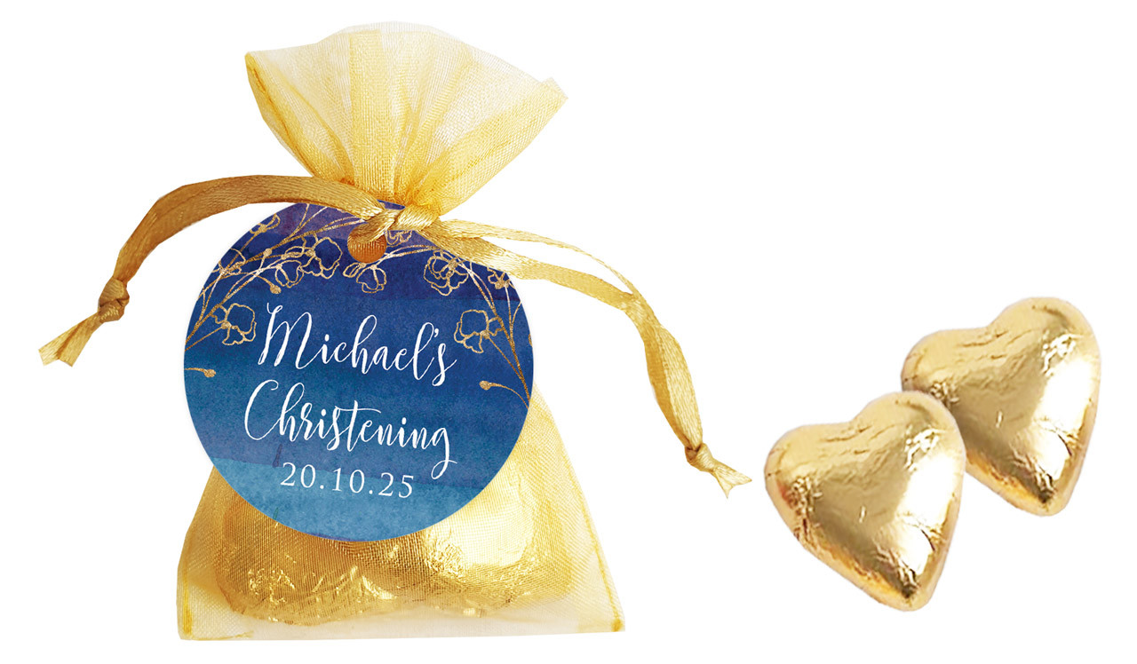Navy Gold Personalised Christening Organza Bag With Hearts