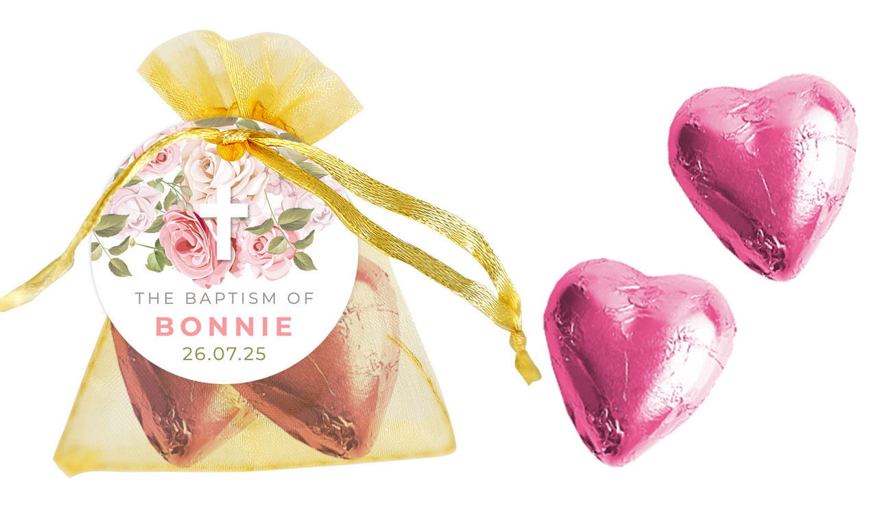 Roses Cross Personalised Christening Organza Bag With Hearts