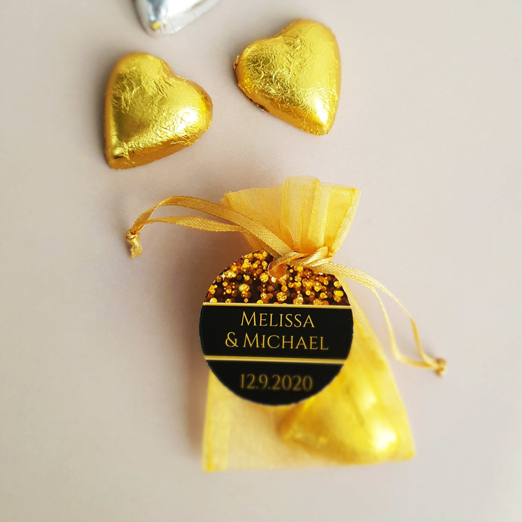 Gold Organza Bag With Gold Hearts And Custom Swing Tag