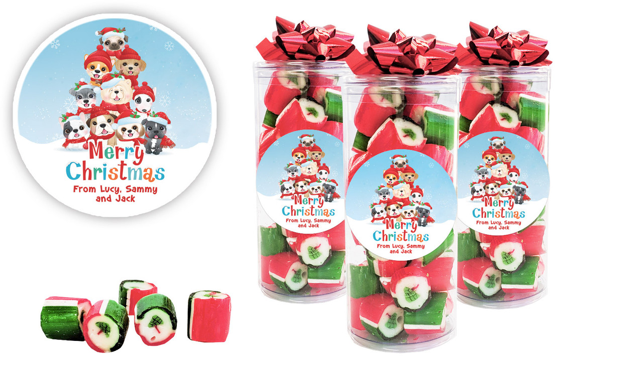 Christmas Puppies Personalised Christmas Rock Candy Tube