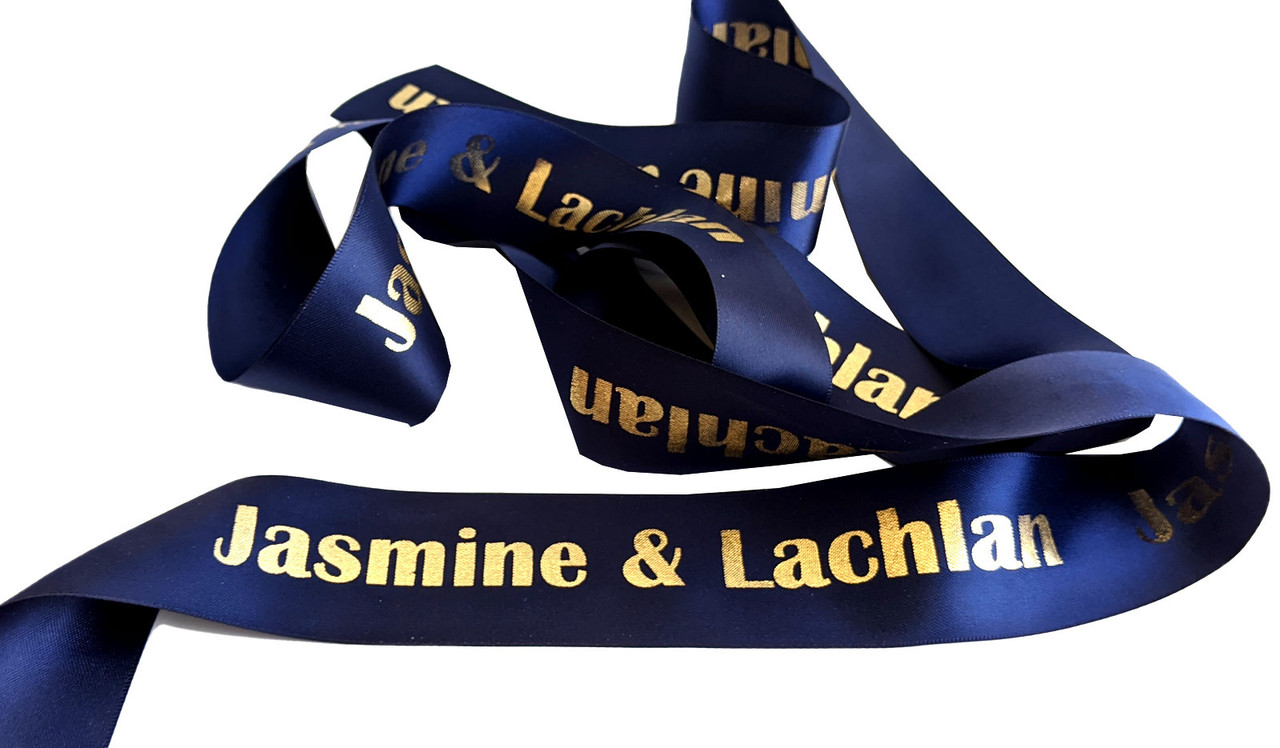 Navy Blue With Gold Text Personalised Ribbon (1 Metre x 38mm)