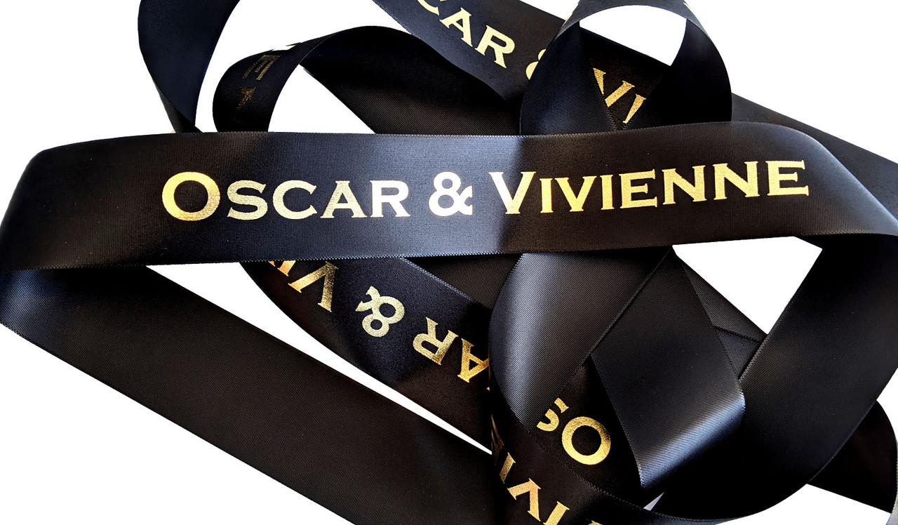 Black With Gold Text Personalised Ribbon (1 Metre x 38mm)