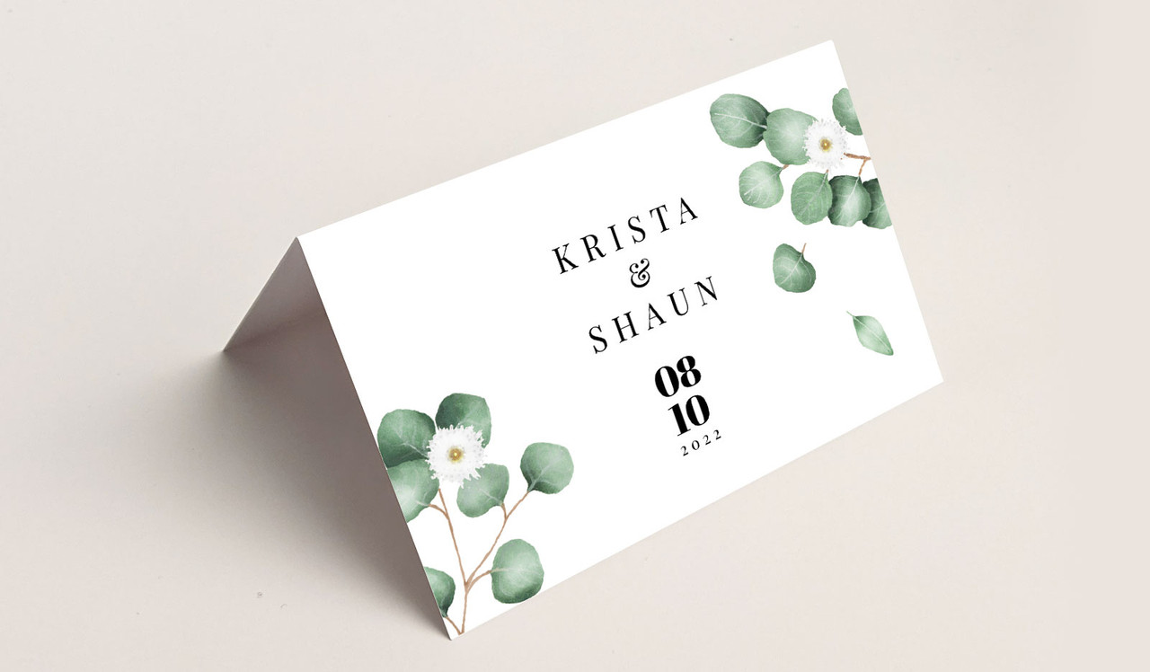 Rear of Eucalyptus Wedding Place Cards With Guest Names Printed