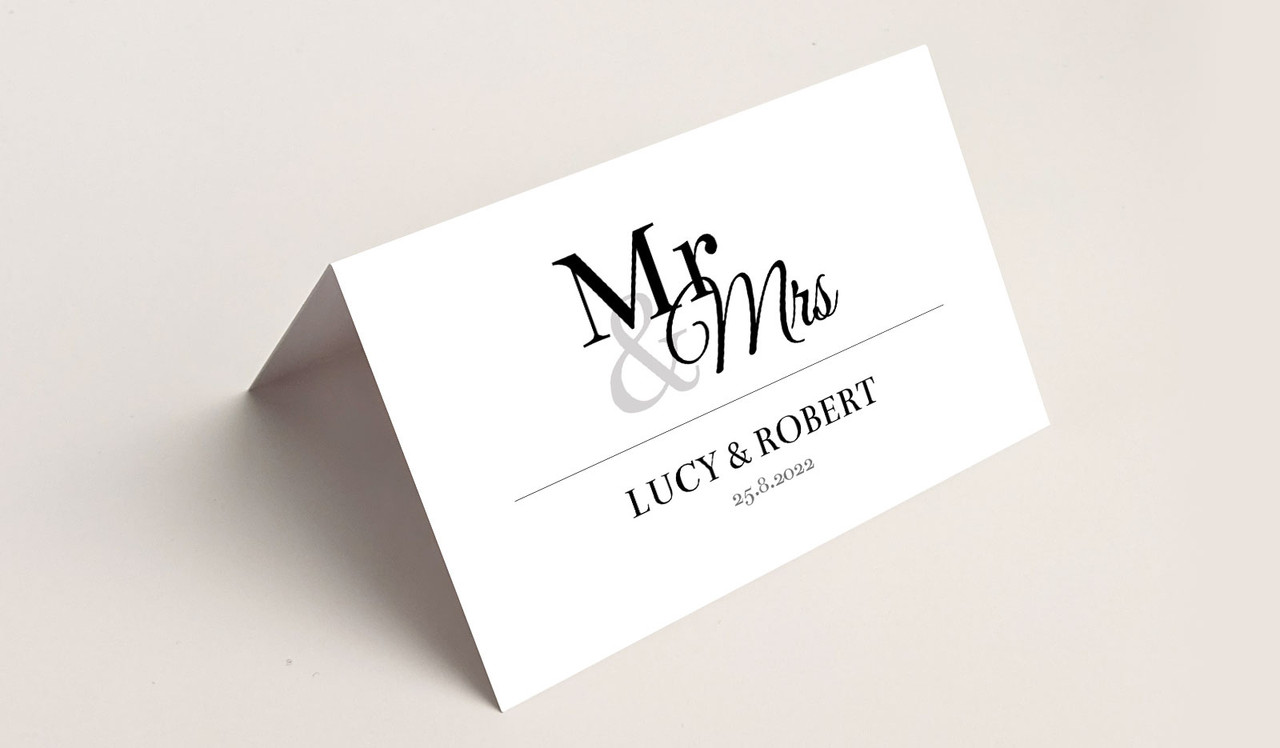 Rear of Mr & Mrs Announcement Wedding Place Cards With Guest Names