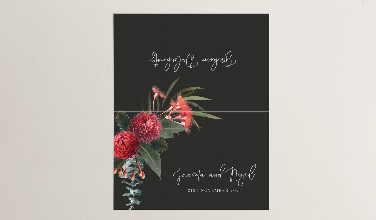 Both sides of Wild Flowers Dark Wedding Place Cards With Guest Names