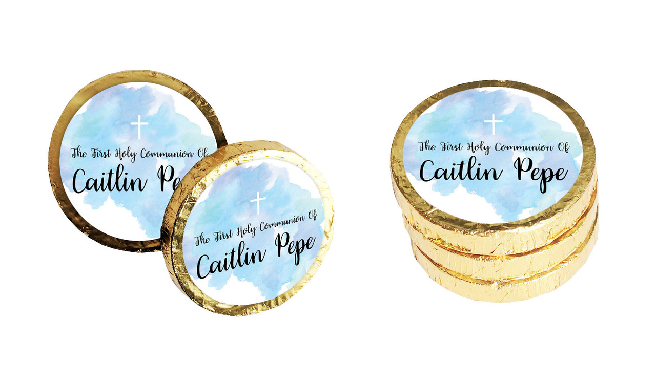 A Splash Of Watercolour Blue Communion Chocolate Coins