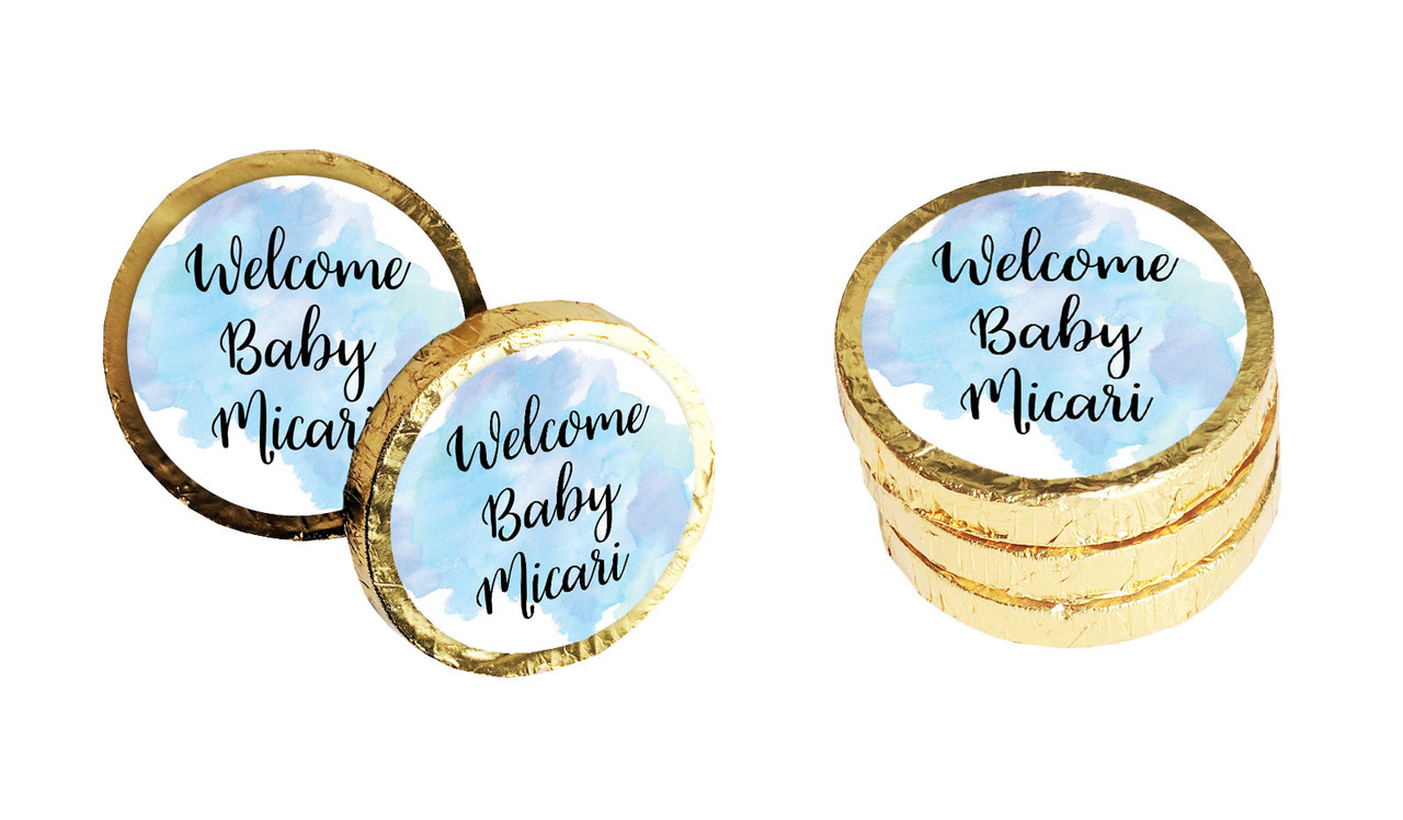 A Splash Of Watercolour Blue Birth Announcement Chocolate Coin