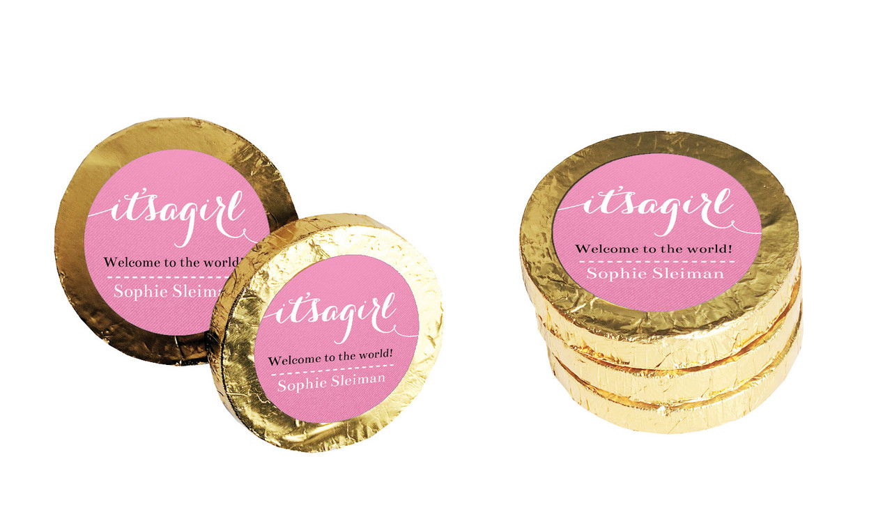 Flowing Words Girls Birth Announcement Chocolate Coin