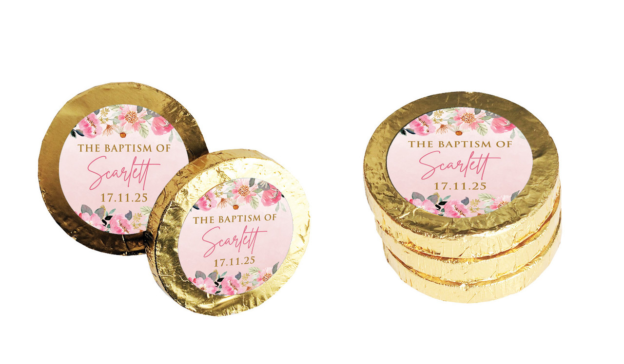 Photo On Floral Frame Christening Chocolate Coin