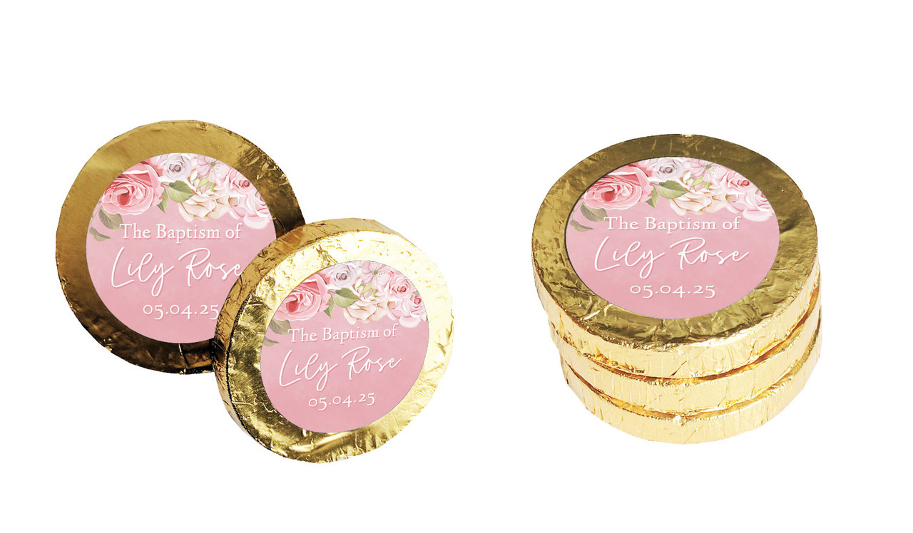 Pink Roses Christening Chocolate Coin