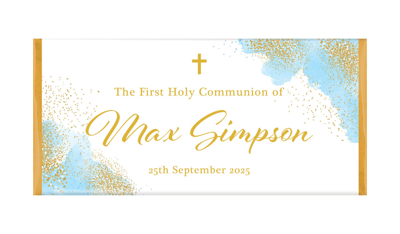 Gold Sparkle on Blue Personalised Holy Communion Chocolates
