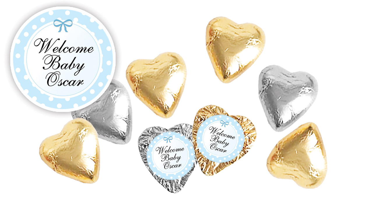 Polkadot Blue Birth Announcement Personalised Foil Chocolate Hearts