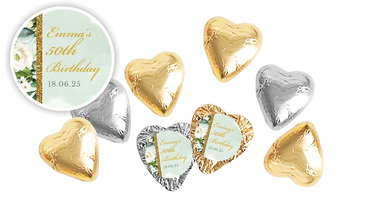 Elegant Greenery Personalised Foil Chocolate Hearts