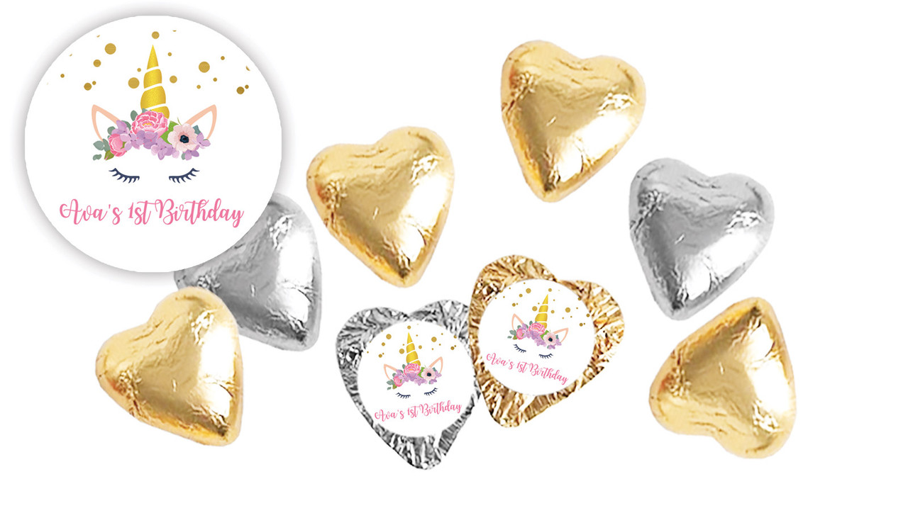 A Pretty Unicorn Kids Party Personalised Foil Chocolate Hearts
