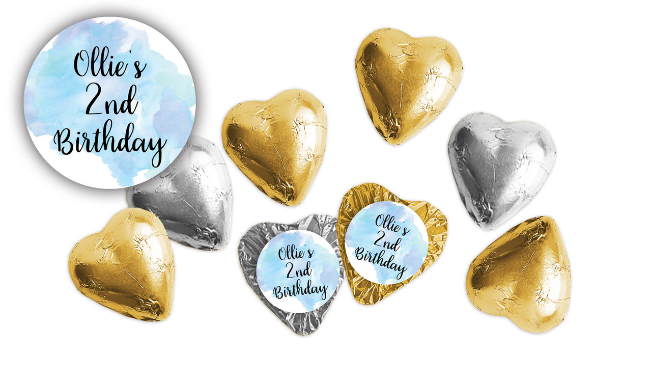 A Splash Of Watercolour Blue Birthday Personalised Foil Chocolate Hearts