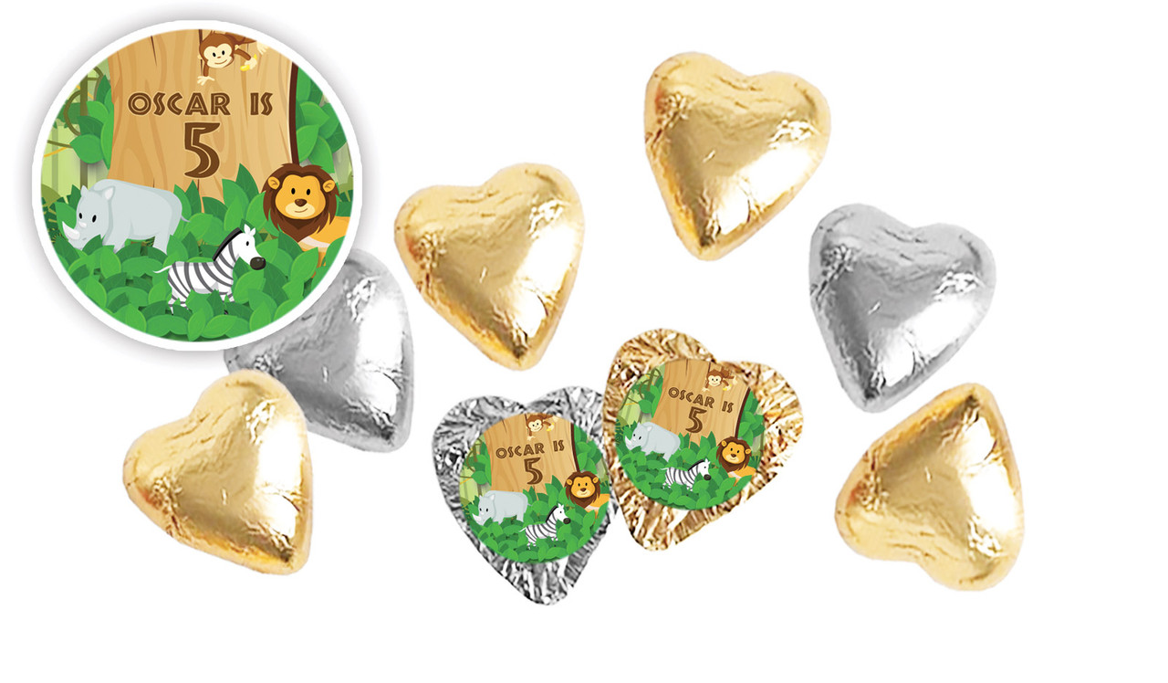 Jungle Animals Birthday Personalised Foil Chocolate Hearts
