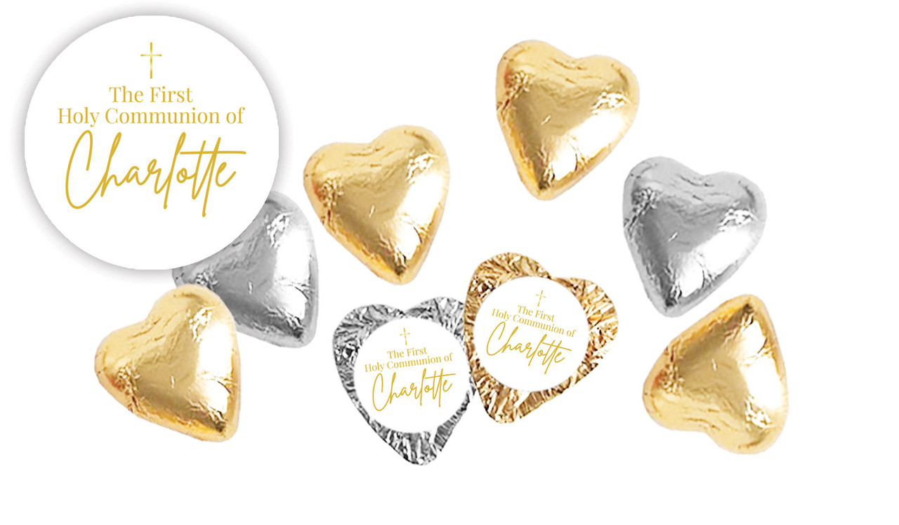 Modern White and Gold Communion Personalised Foil Chocolate Hearts