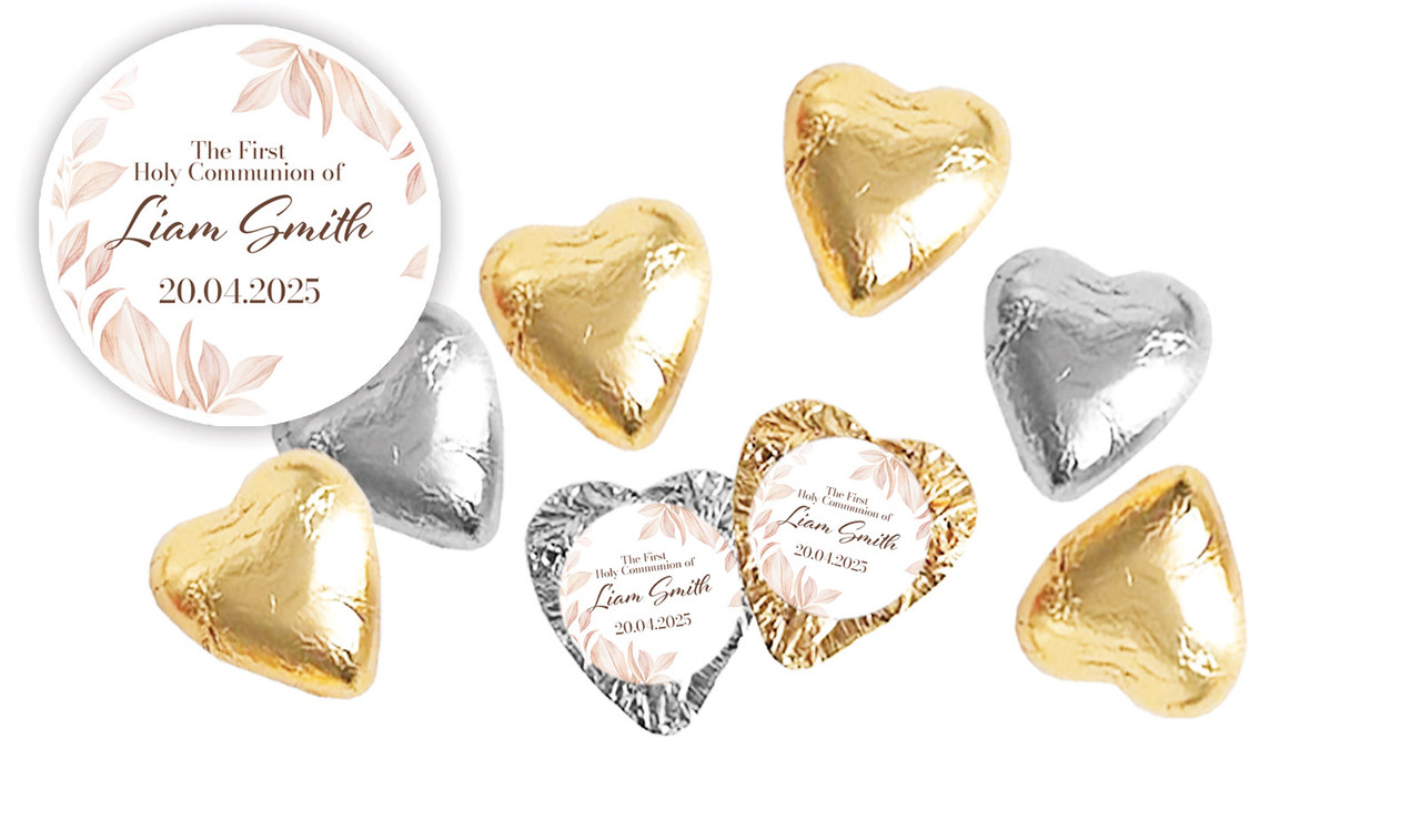 Natural Leaves Communion Personalised Foil Chocolate Hearts